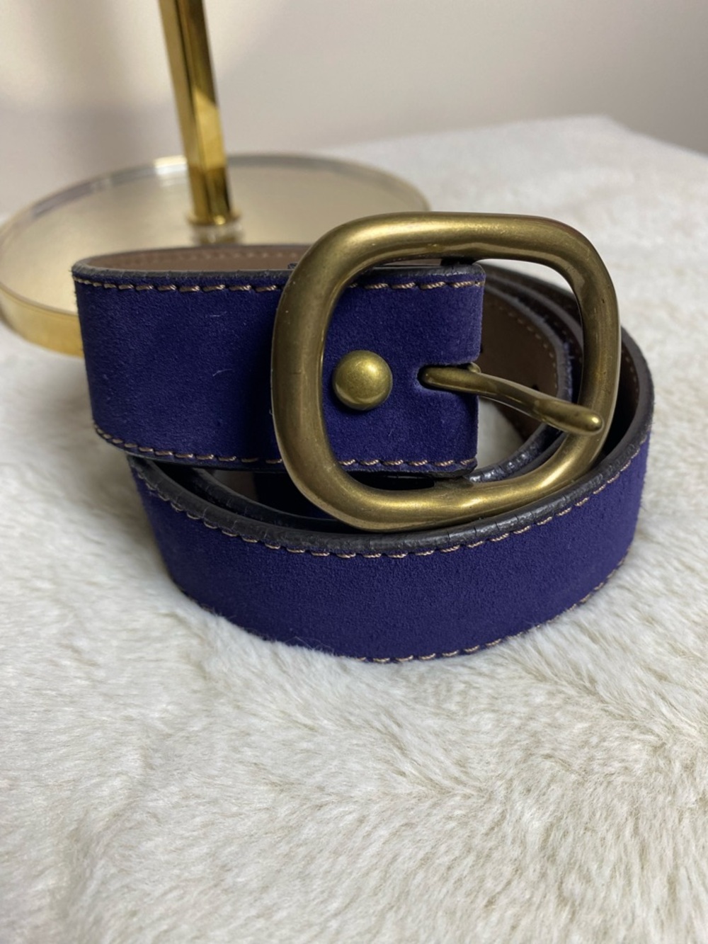 Banana Republic Blue Suede Belt w Brass Buckle and White Stitch M 34 - 38